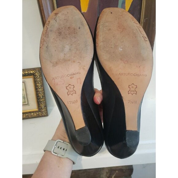 Arturo Chiang Shoes Wedges Womens Leather Navy Peep Toe 7.5 Kitten Heel - Picture 11 of 12